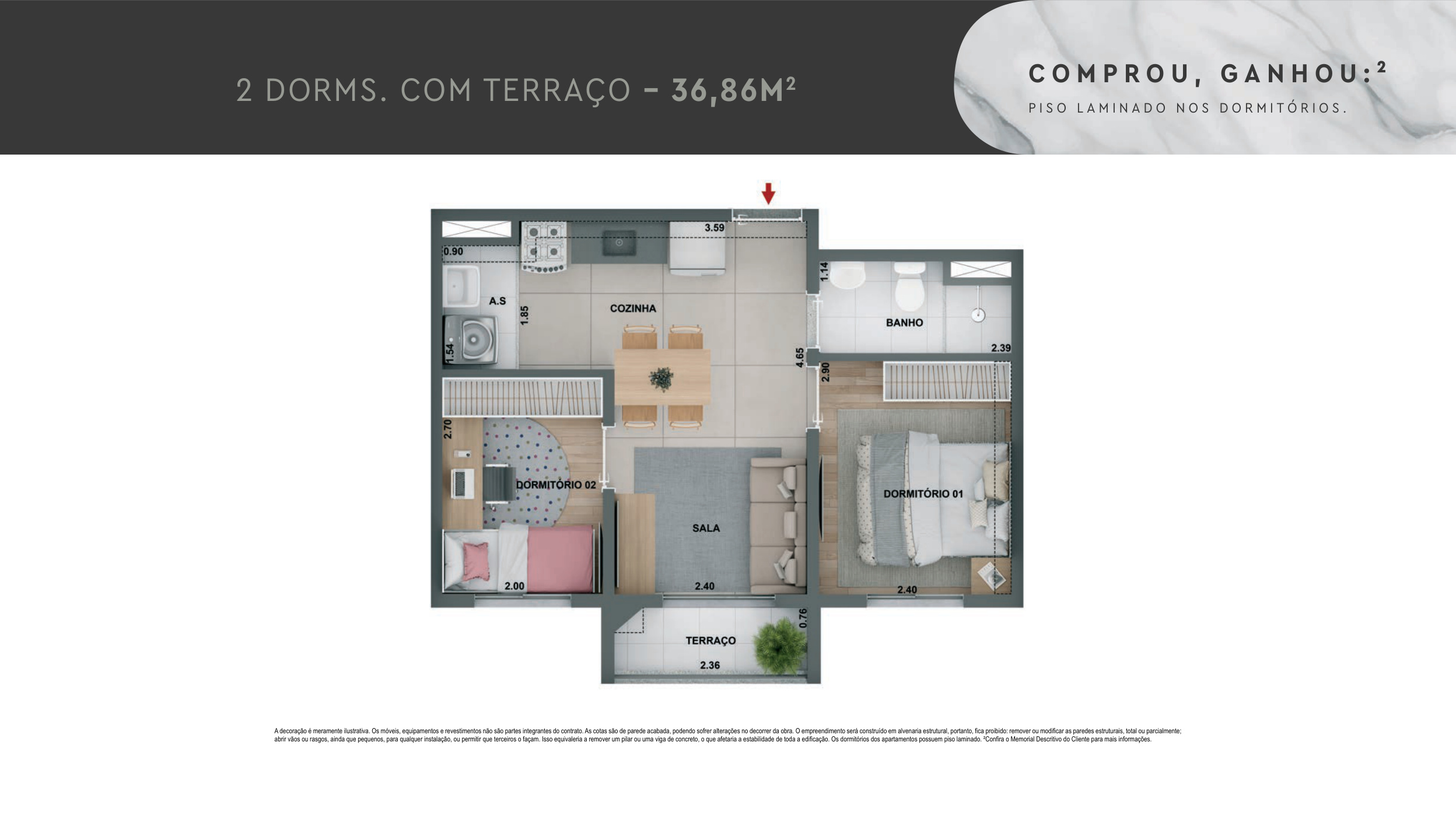 2 dormitórios com terraço — 36,86 m²