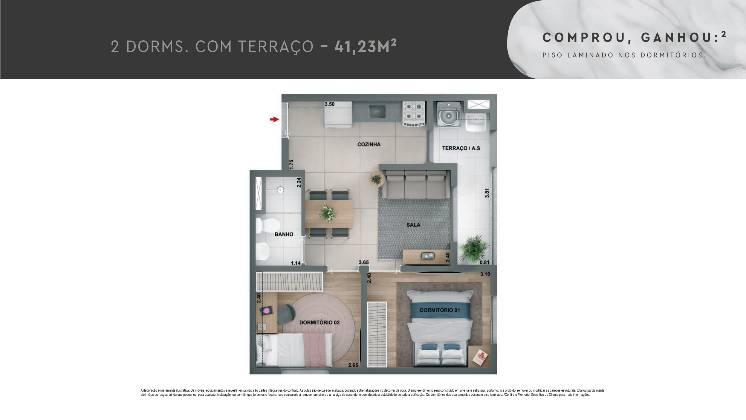 2 dormitórios com terraço — 41,23 m²