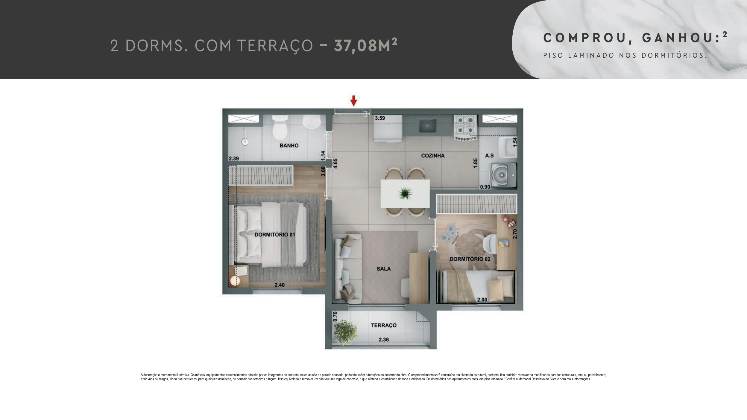 2 dormitórios com terraço — 37,08 m²