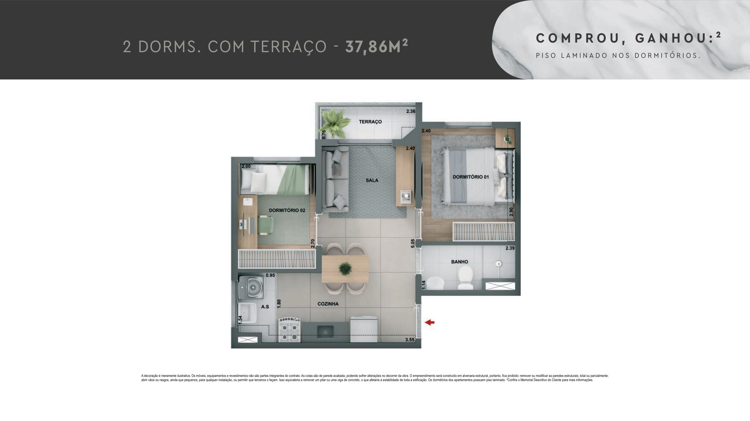 2 dormitórios com terraço — 37,86 m²